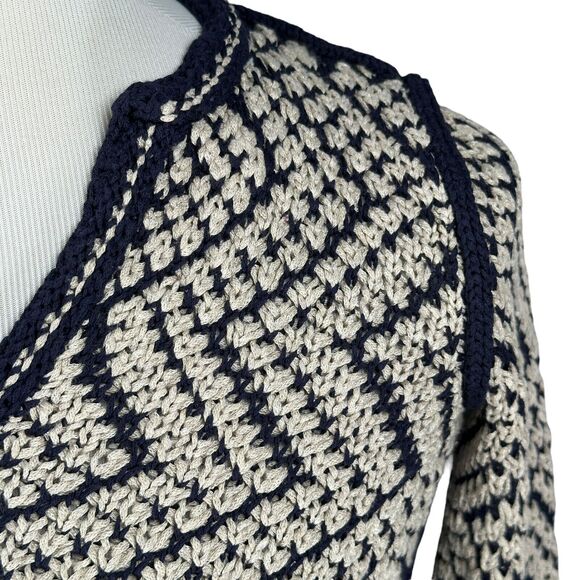 Tory Burch Crochet Tunic Sweater Womens XS Navy Beige Zig Zag V-Neck Knit Rayon - Picture 3 of 10